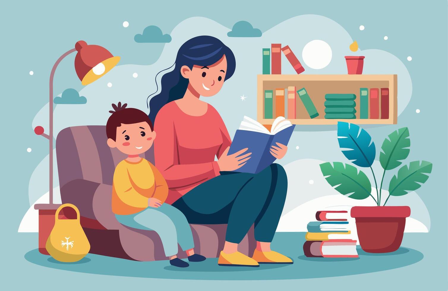 Mother and son reading book together in the living room vector