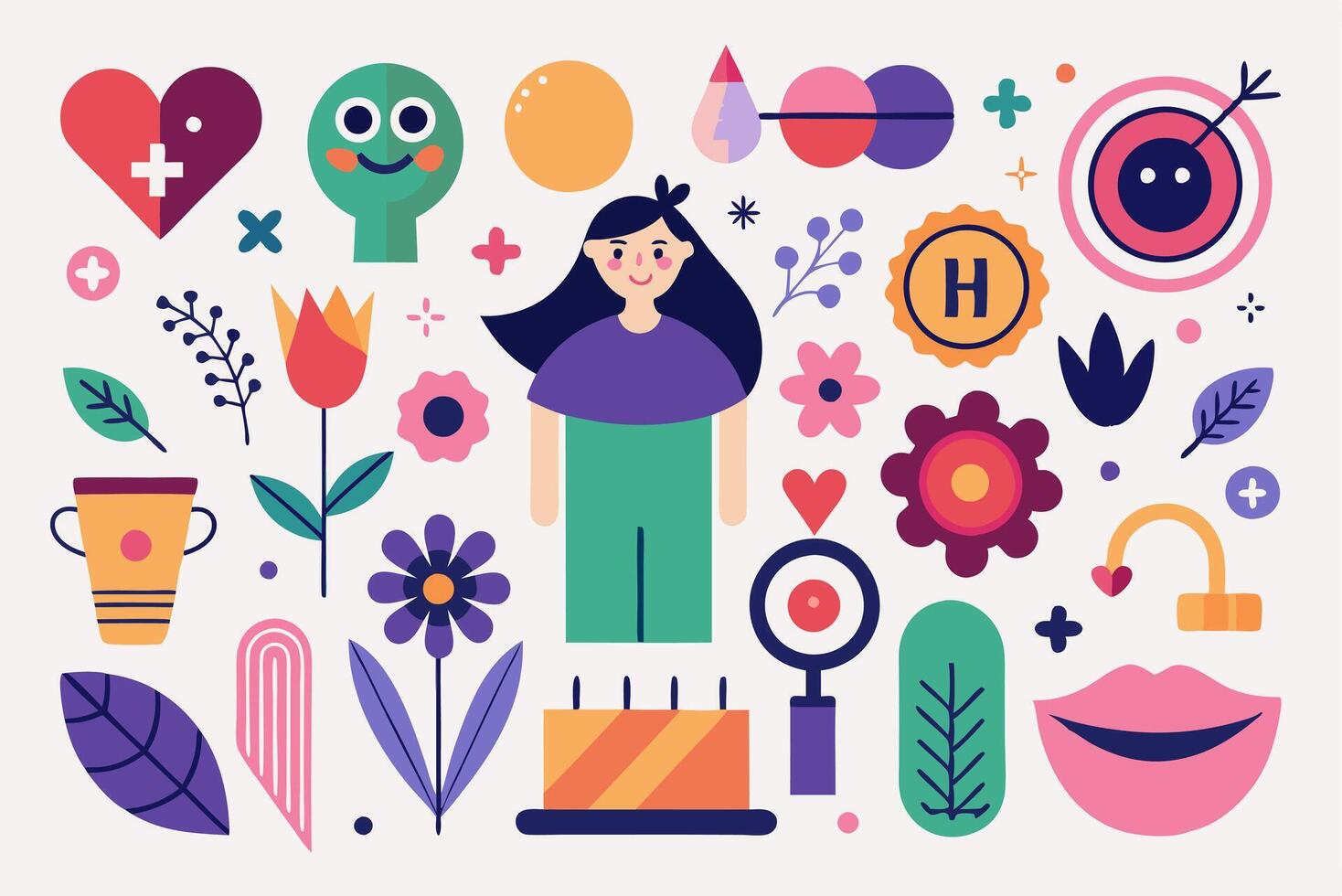 A woman surrounded by colorful icons vector
