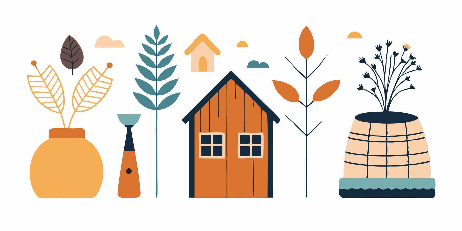 A set of flat icons with a house, a vase, and a plant vector