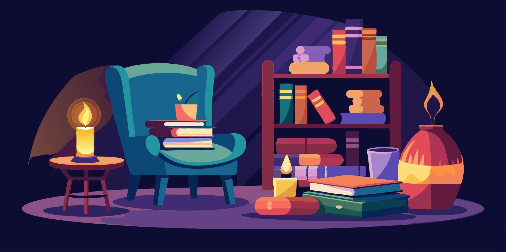 A room with books, candles and a chair vector