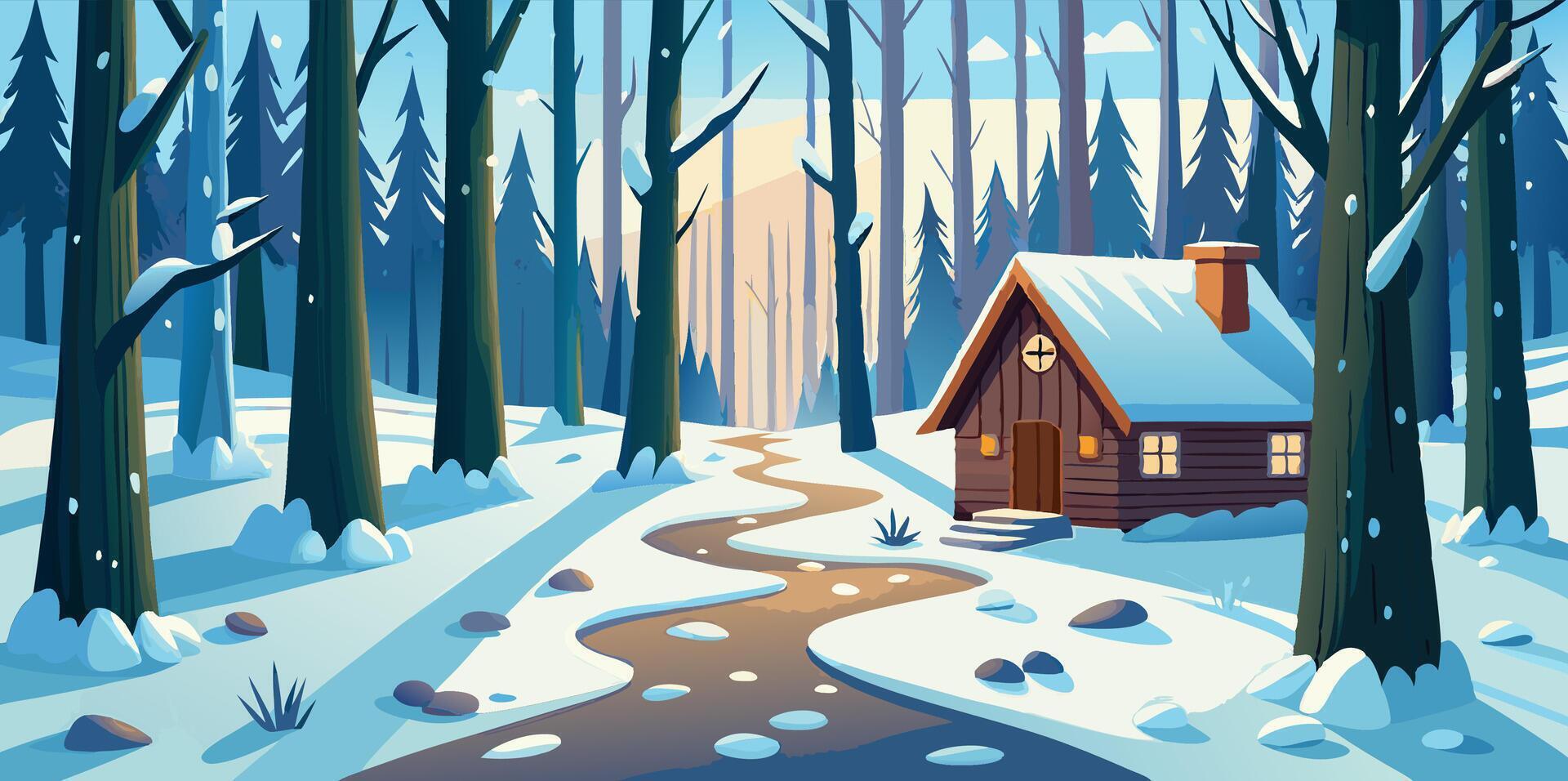 Winter forest with a cabin in the middle of the woods vector