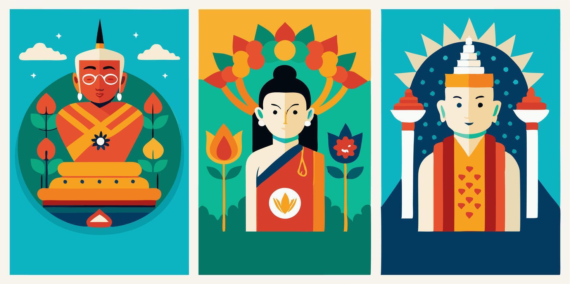 Three different illustrations of buddhas vector