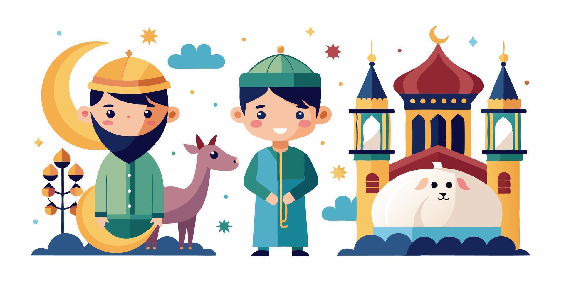 Cartoon illustration of muslim boy and girl with a mosque and a dog vector