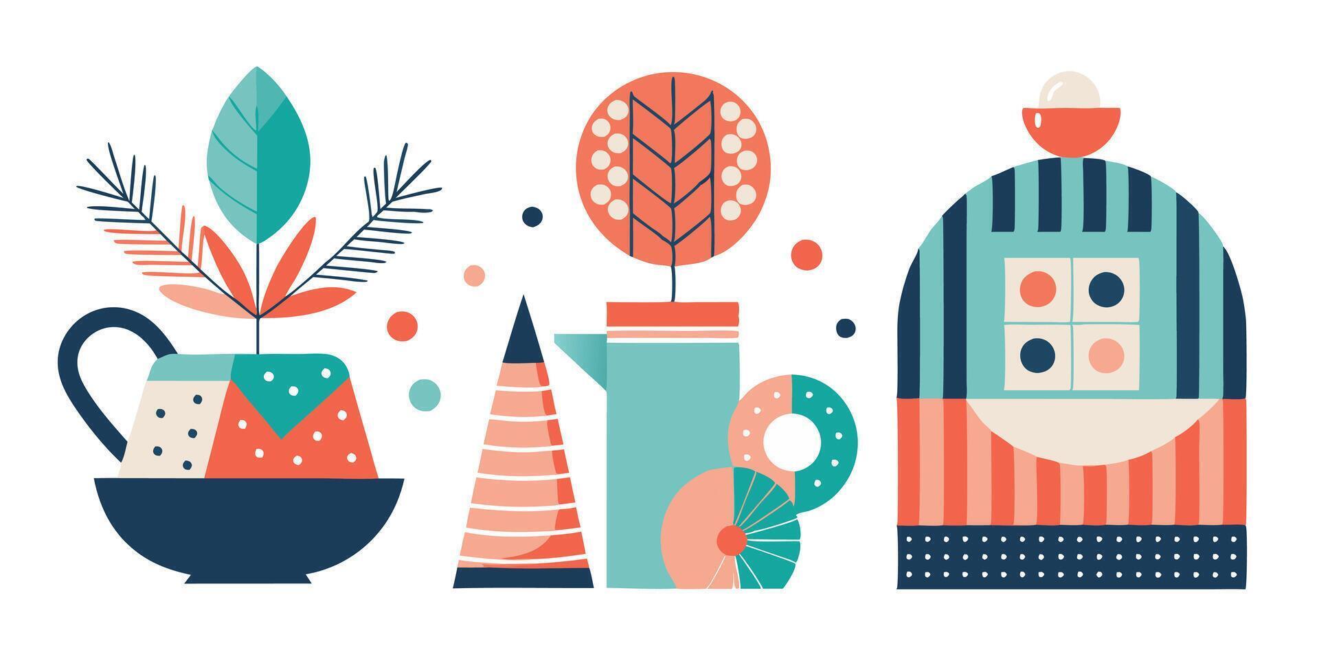 A colorful illustration of a house, a vase and a plant vector