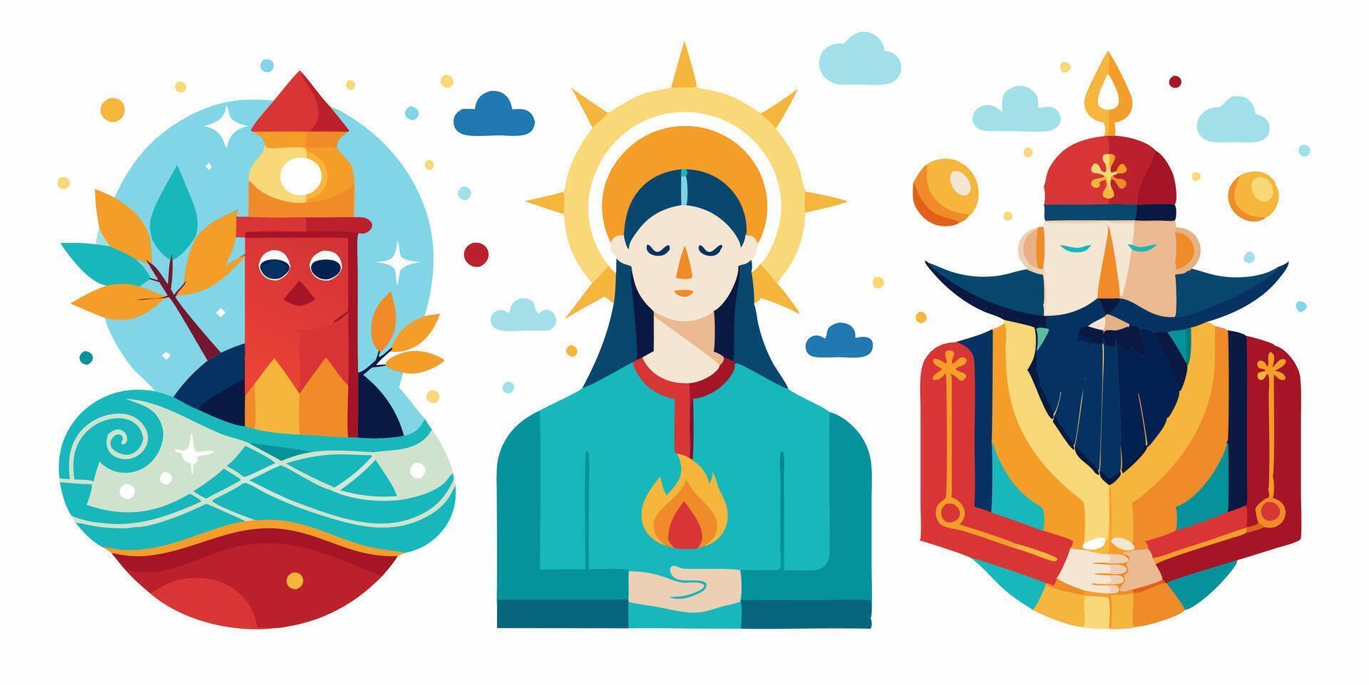 Three different religious icons, one with a man and woman, and another with a man and woman vector