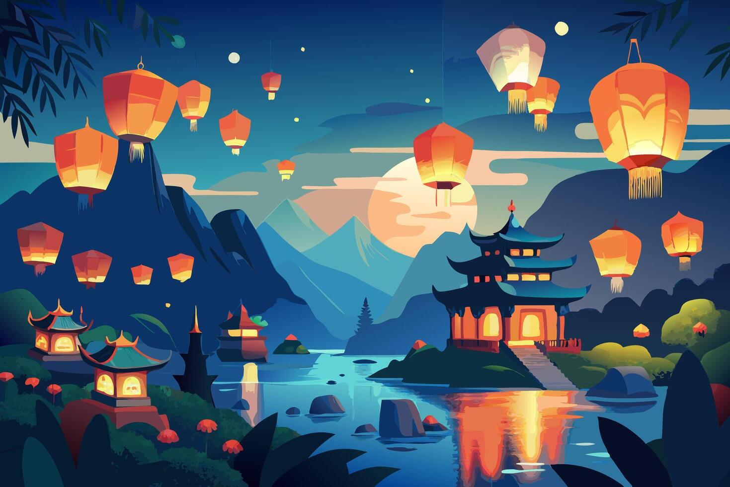 Chinese lanterns floating over the mountains at night vector