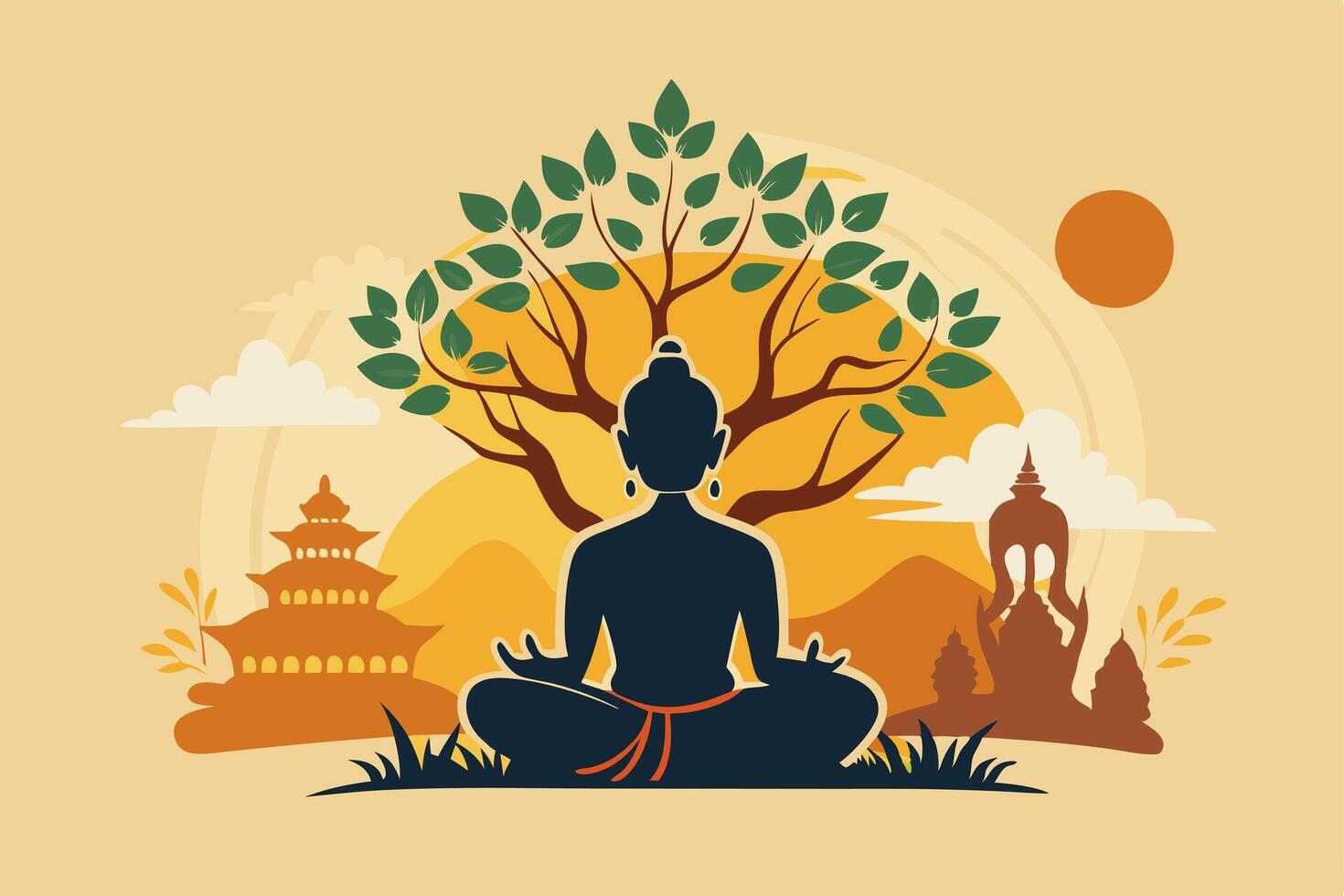 Buddha meditation with tree and mountains vector