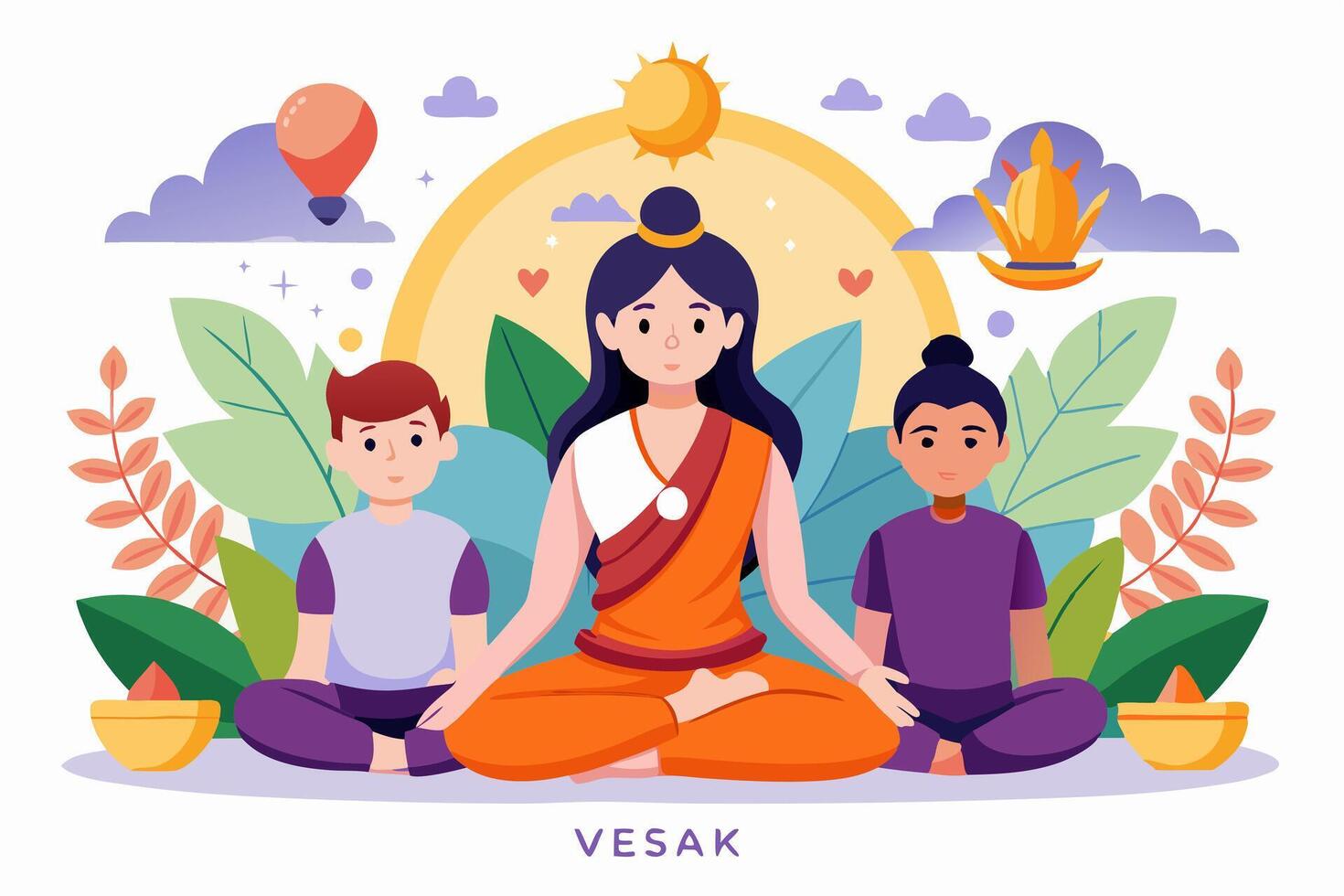 A woman sitting in a lotus position with two children vector