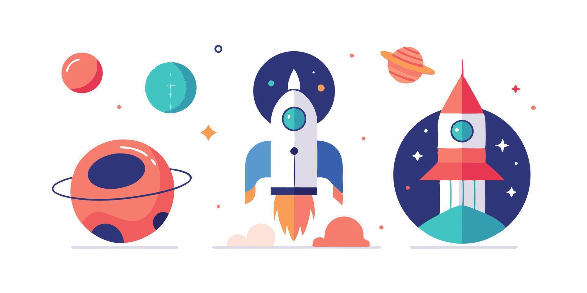 Space rocket, space station and planets vector
