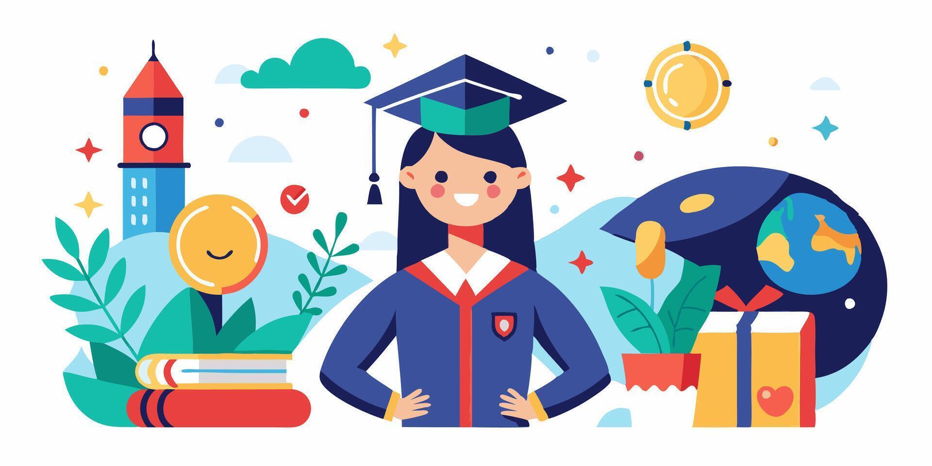 A woman in a graduation cap and gown is surrounded by books and other items vector