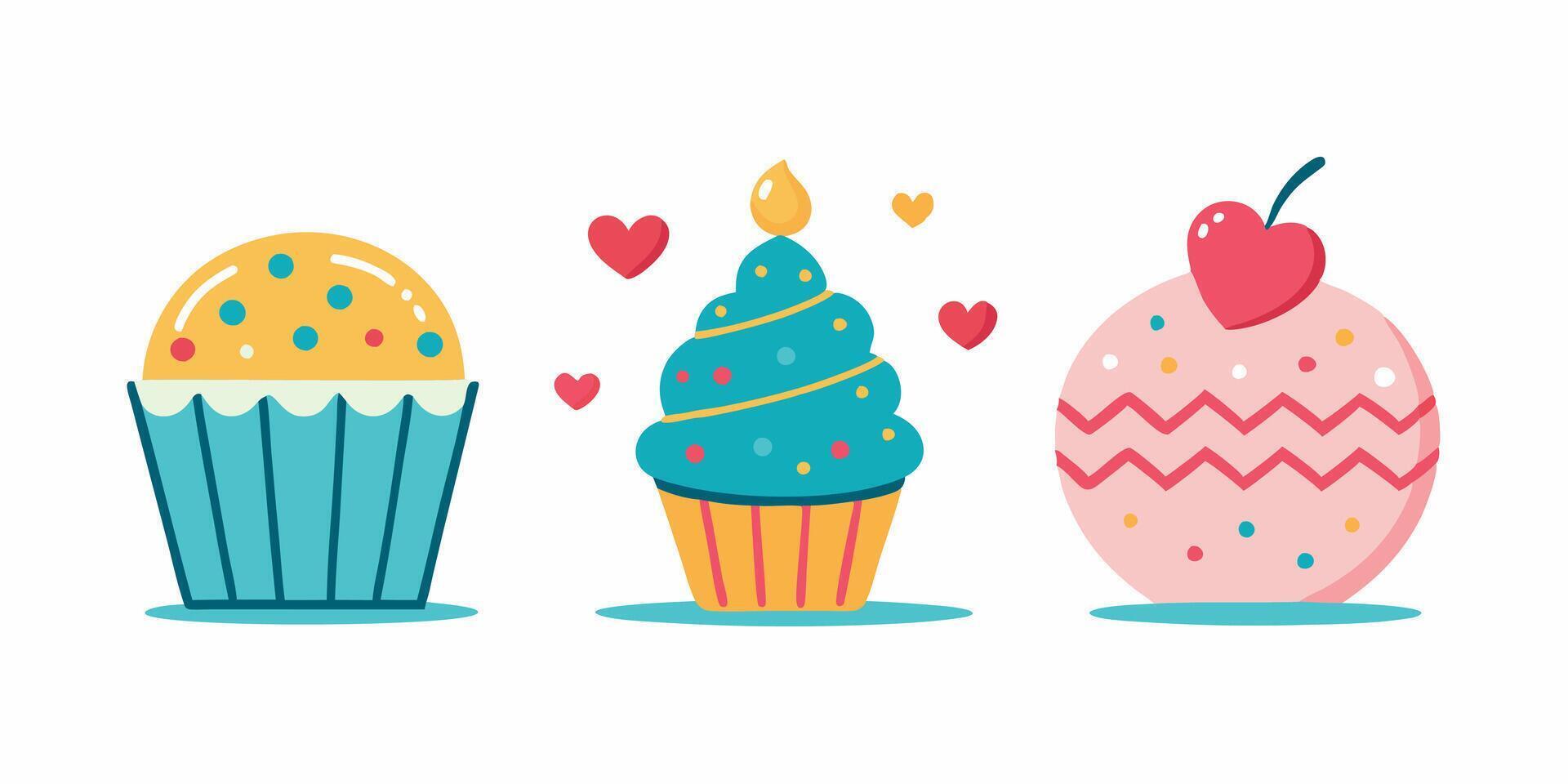 Three different cupcakes with hearts and hearts vector