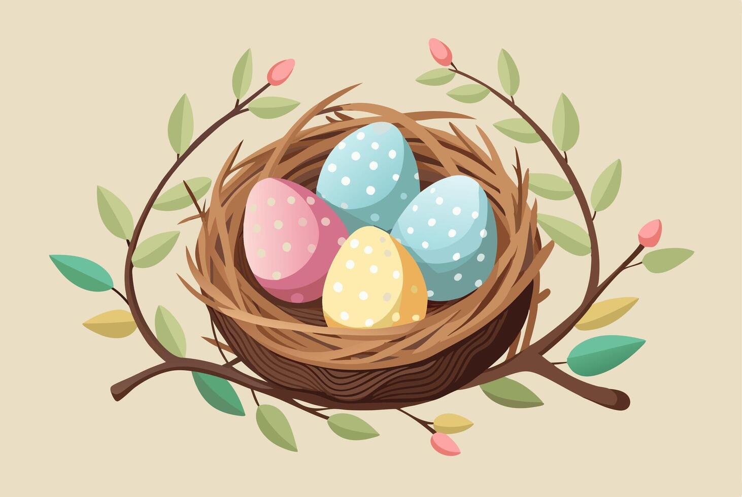 Easter eggs in a nest with branches and leaves vector