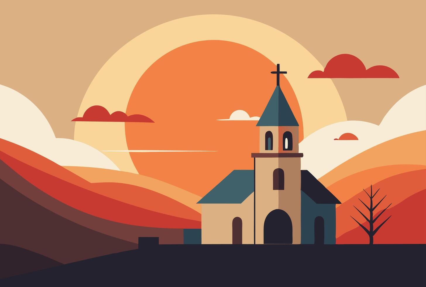 Church in the countryside with a sun setting vector