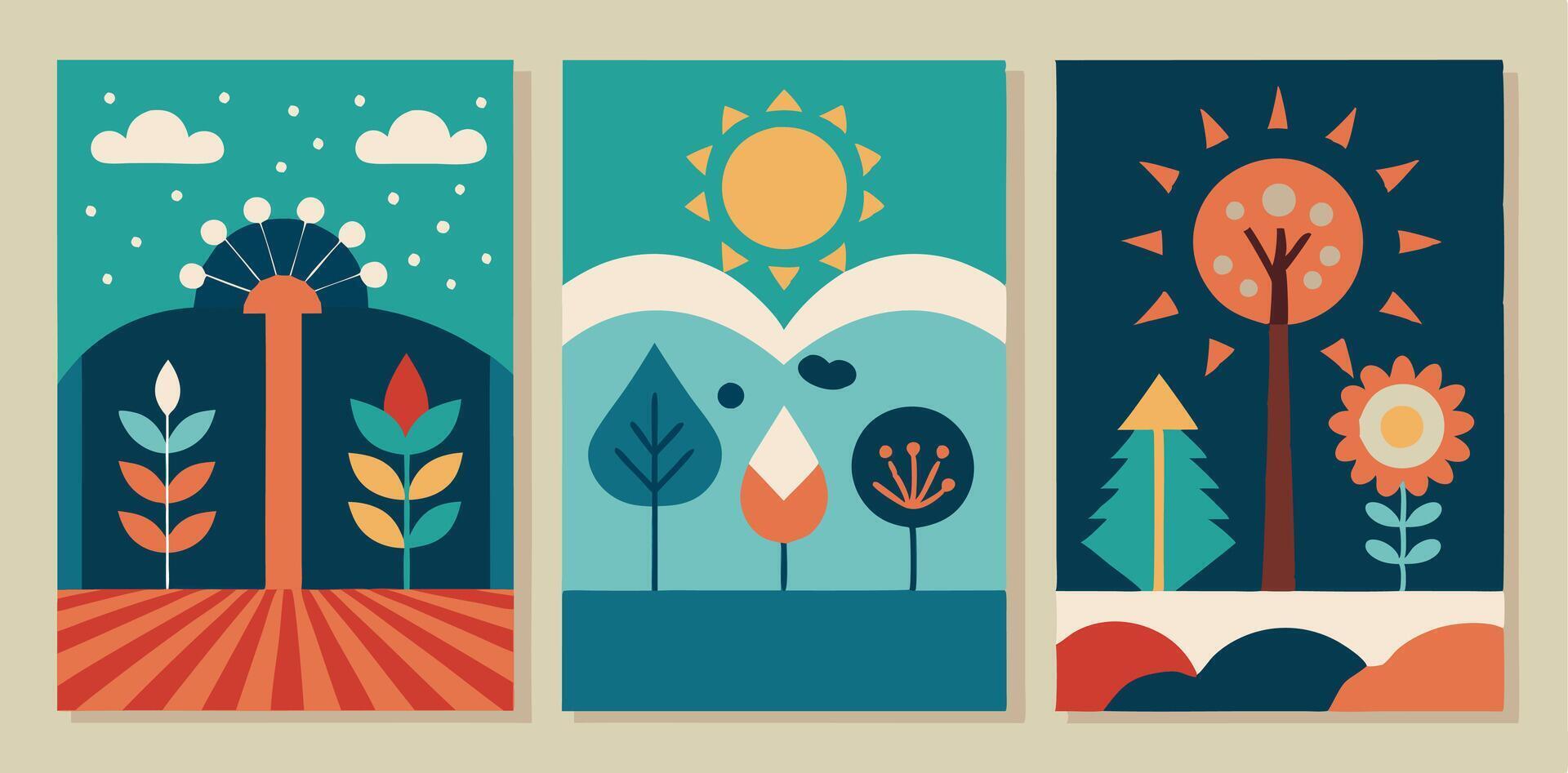 Three vertical banners with trees, sun and clouds vector