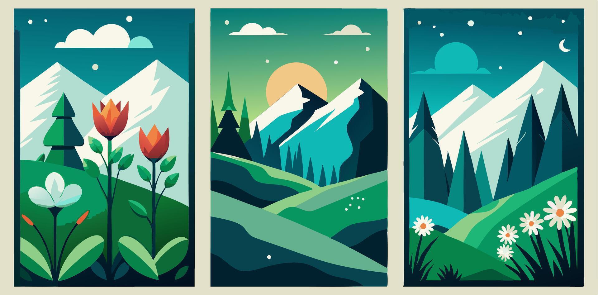 Three vertical banners with mountains, flowers and trees vector
