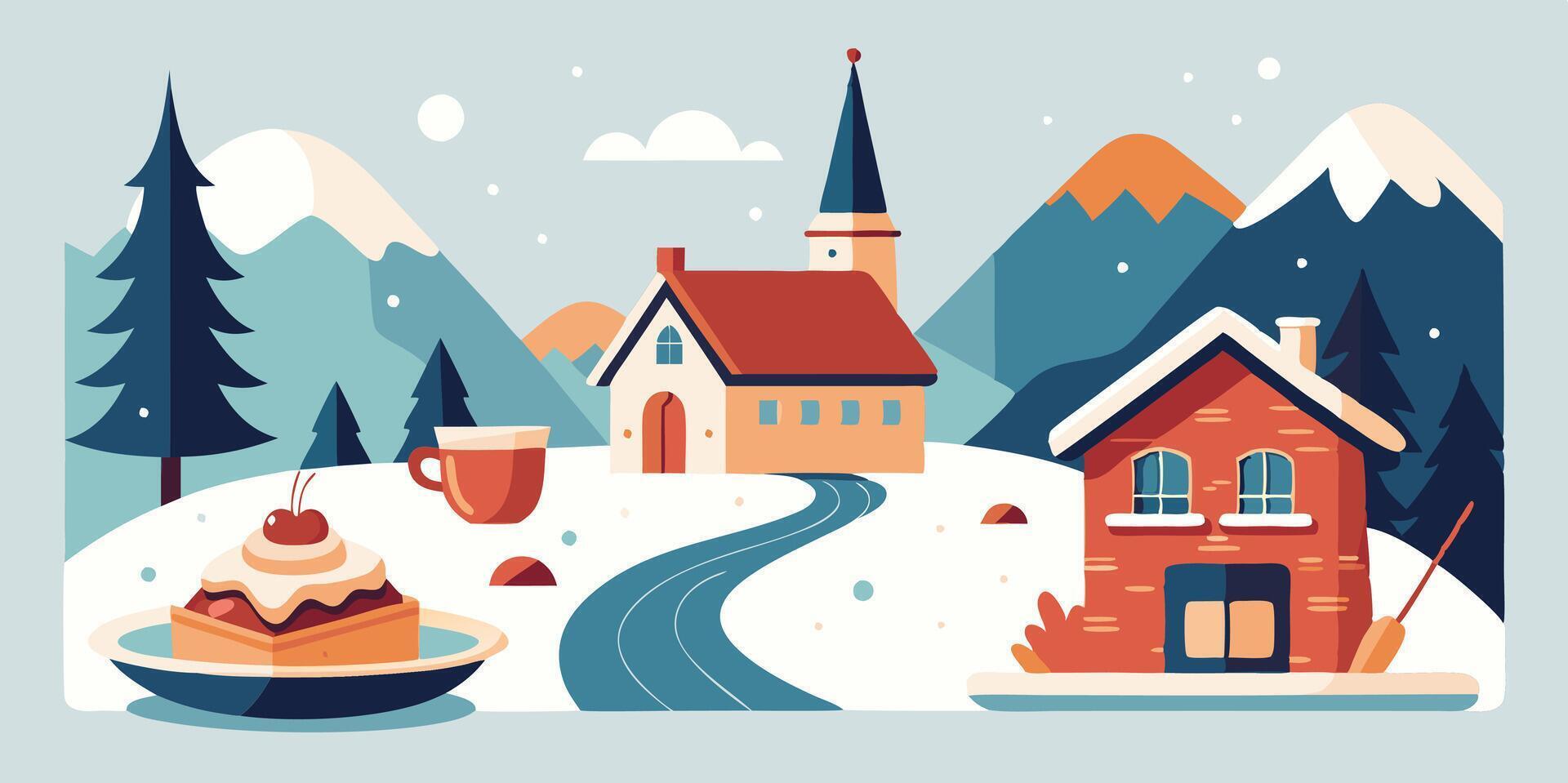 Winter landscape with a house, a cup of coffee and a cake vector