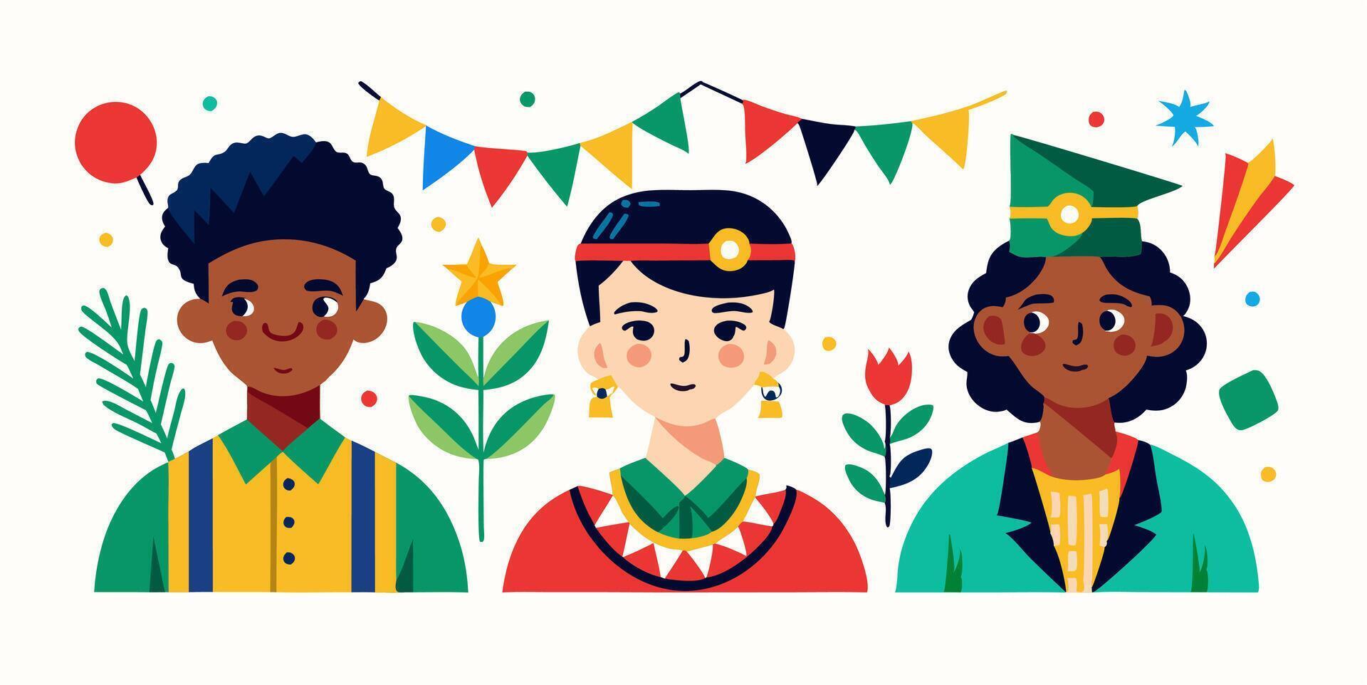 Three people in colorful clothes are standing together vector