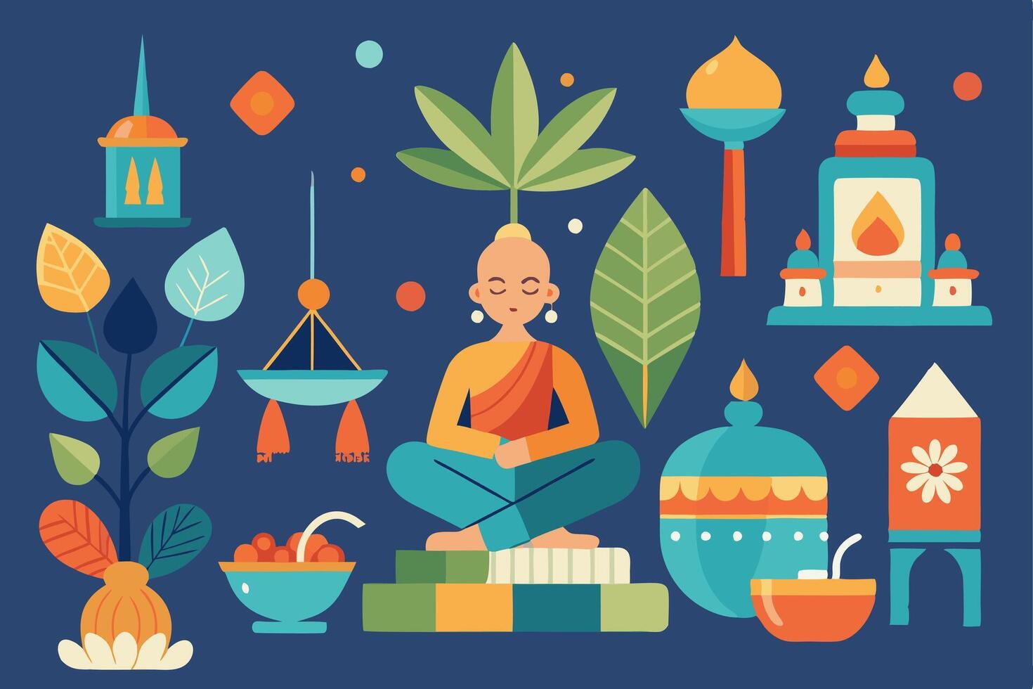 The buddha is sitting in a lotus position surrounded by various objects vector