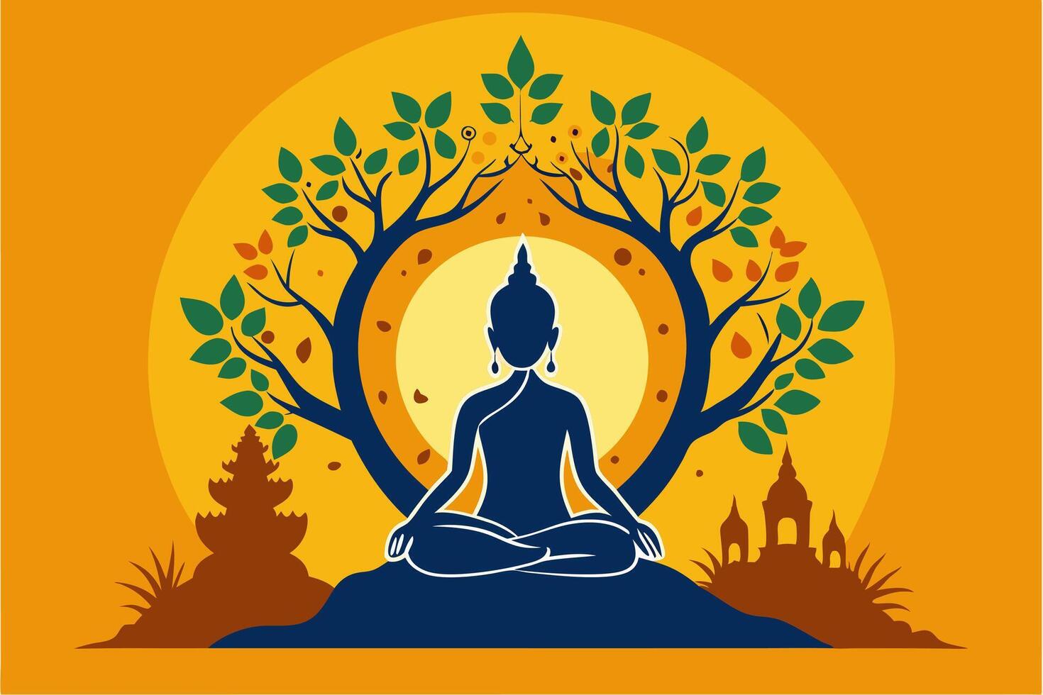 The buddha is sitting in the lotus position with trees in the background vector