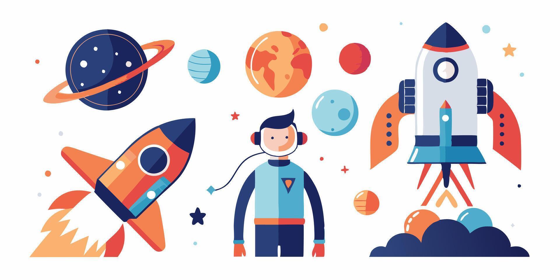 An illustration of a man in space with rockets and planets vector