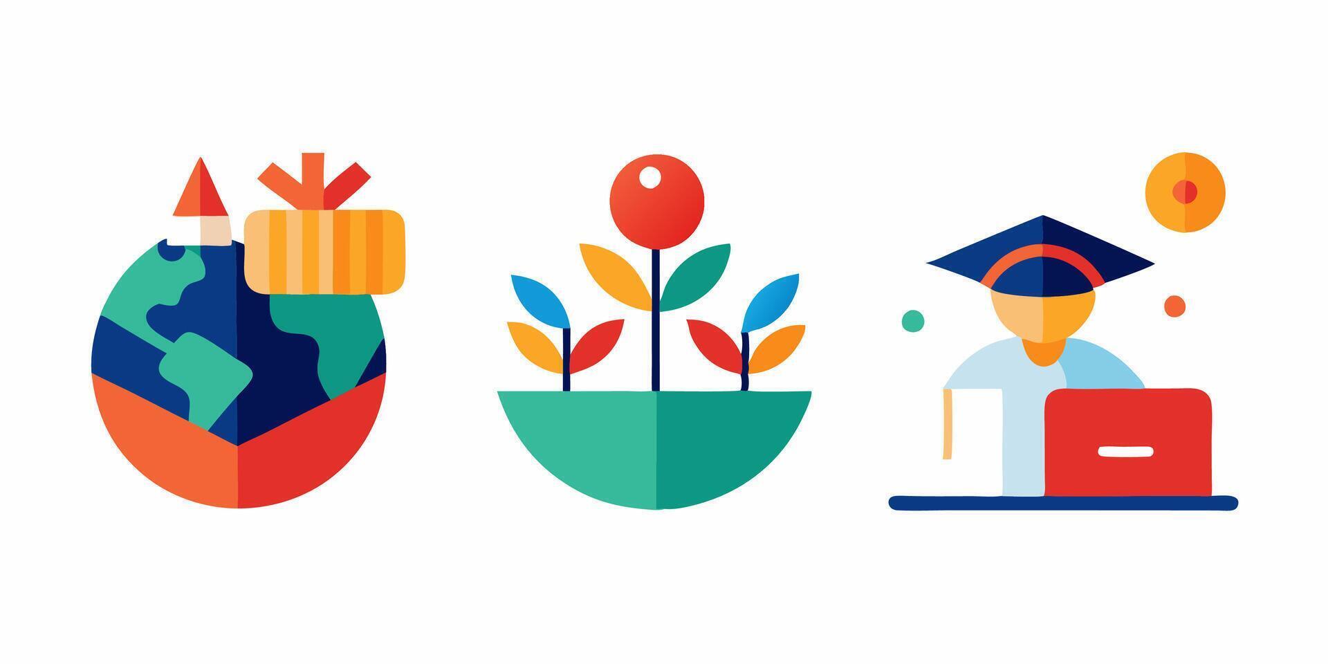 Four icons depicting a person holding a book, a globe, and a plant vector