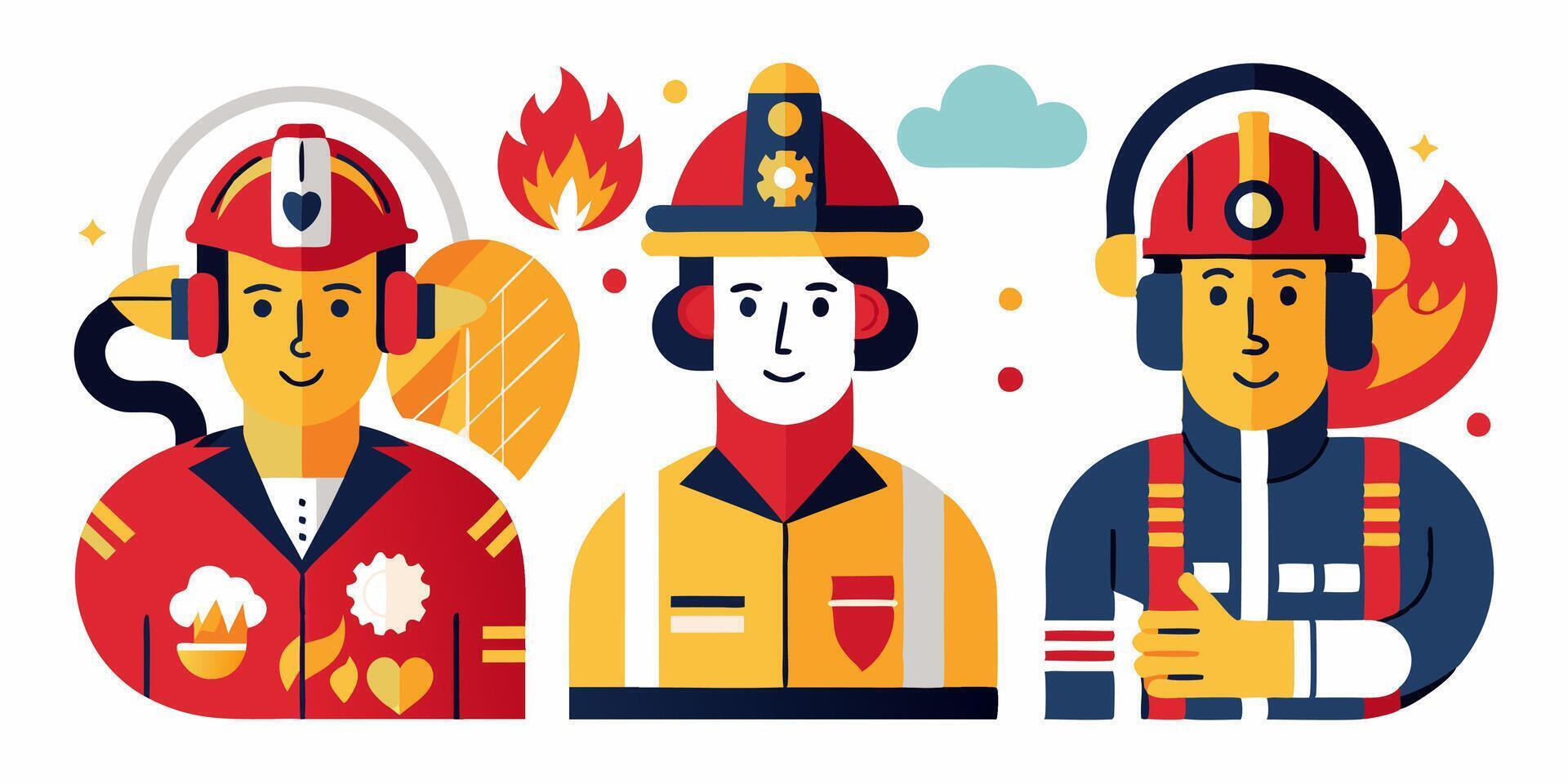 Firefighters are depicted in a flat style vector