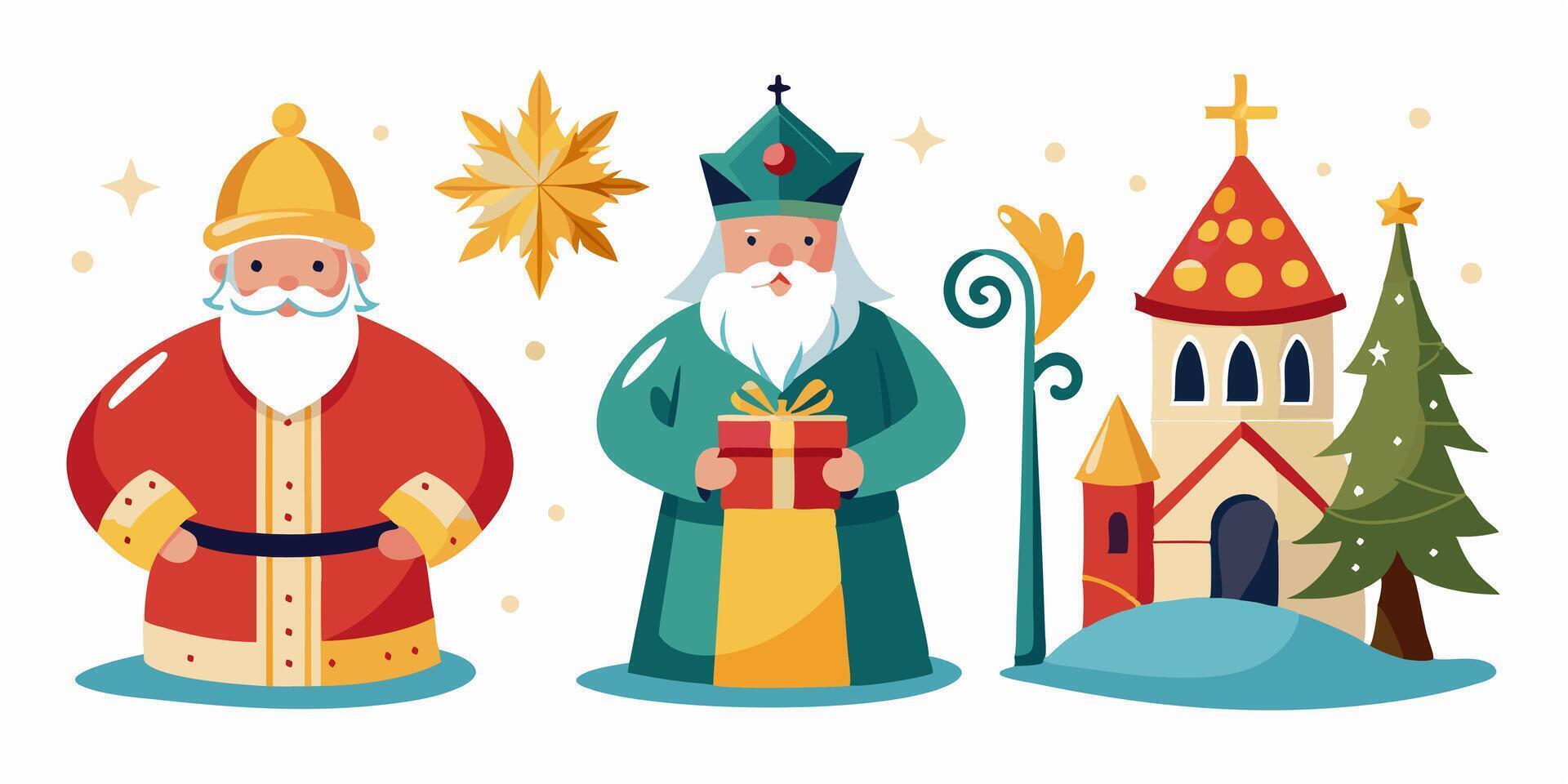 Christmas icons set with santa claus, sinterklaas and christmas tree vector
