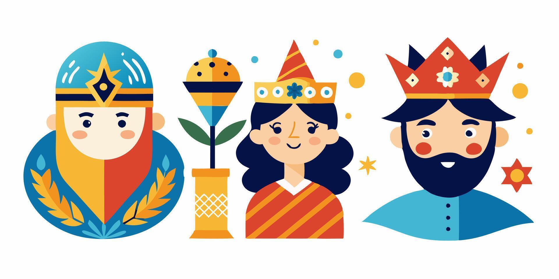 Three kings and a queen with crowns vector