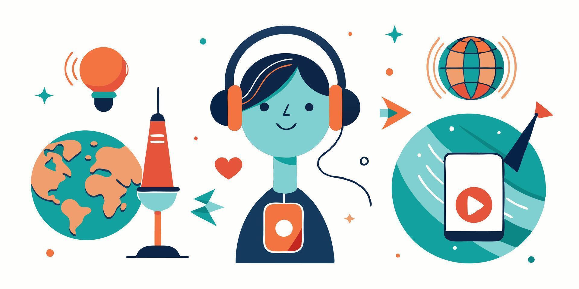 A cartoon illustration of a person with headphones and a globe vector