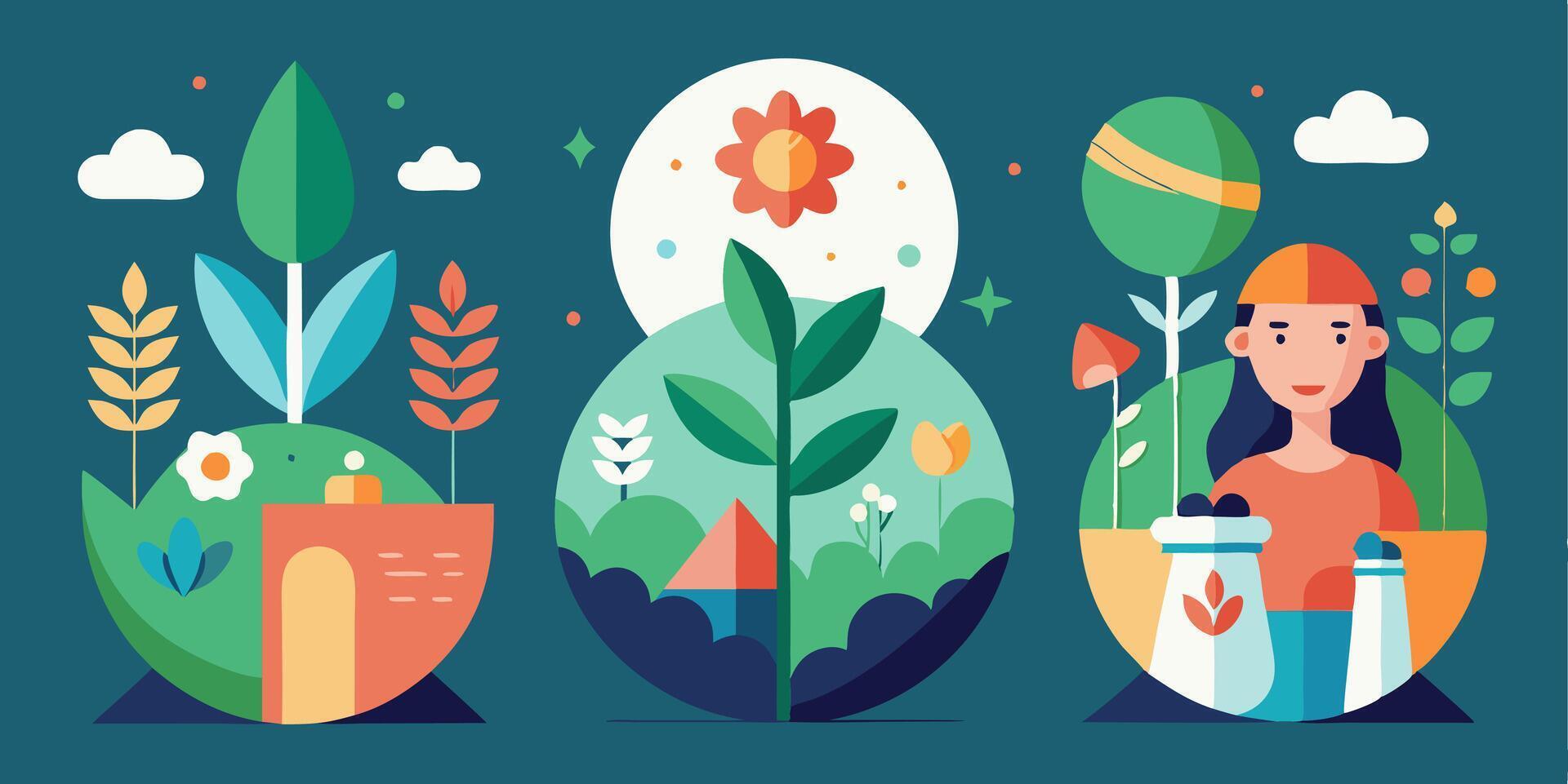 Three different illustrations of people in the garden vector