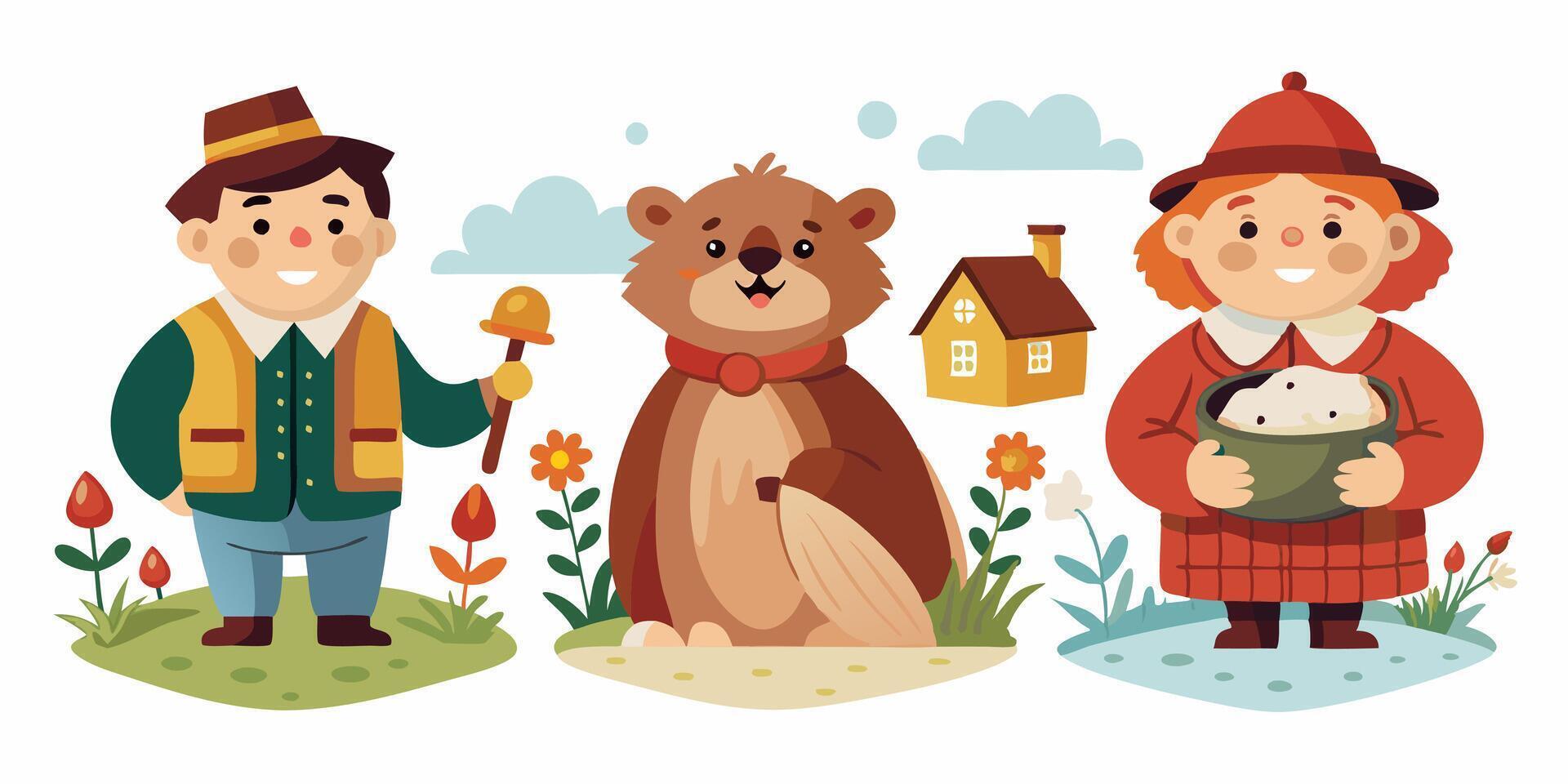 Cartoon characters of a man and woman with a dog and a bear vector