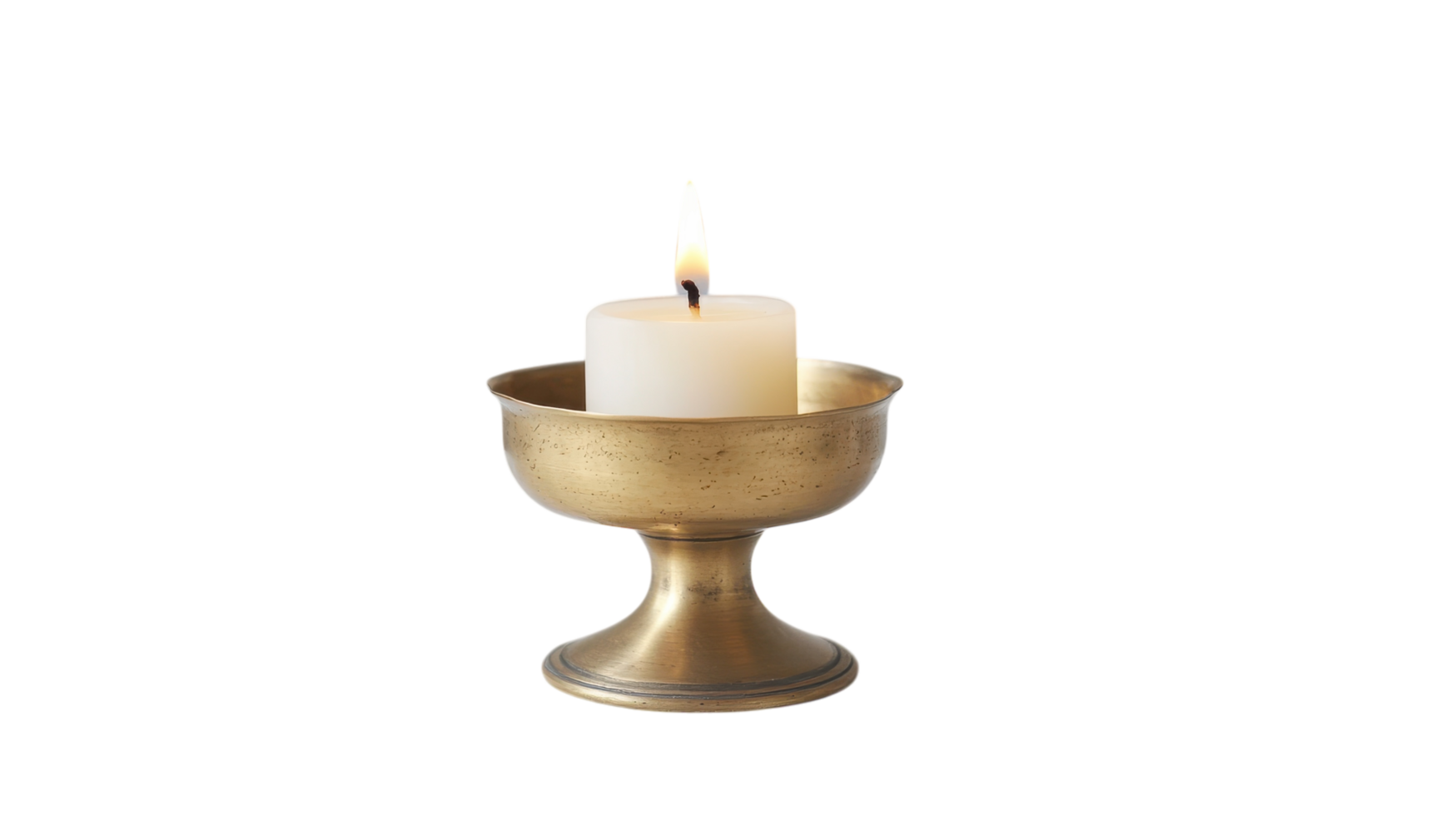 Elegant Brass Candle Holder with a Lit Candle on a Rustic Table, Perfect for Creating a Cozy Ambiance in Your Home or Event Decor. png