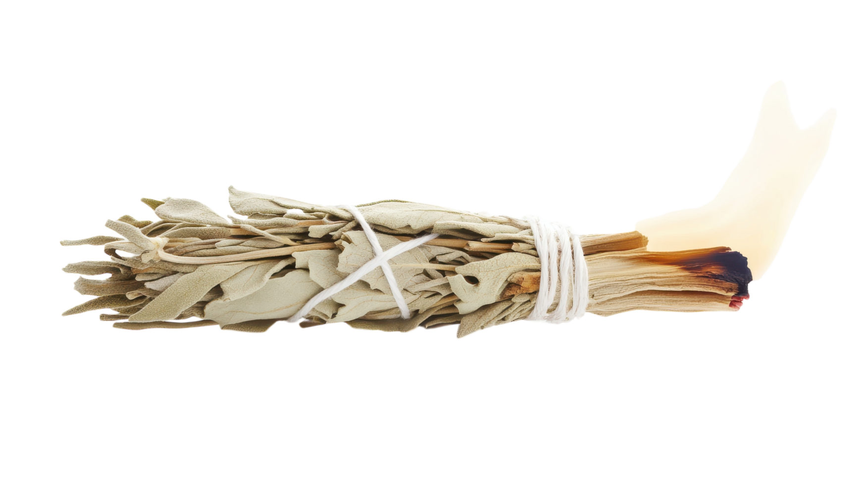 Aesthetic Image of a Bundle of Sage with a Burning Tip Set Against a White Background for Wellness and Spiritual Practices. png
