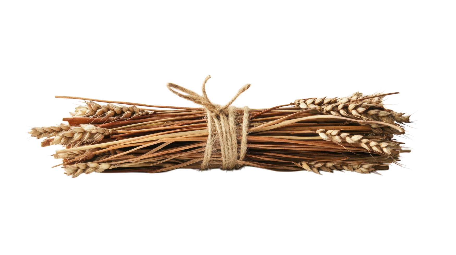 Beautifully arranged bundle of wheat tied with twine on a clean white background, ideal for agricultural, harvest, or craft themed designs and projects.. png