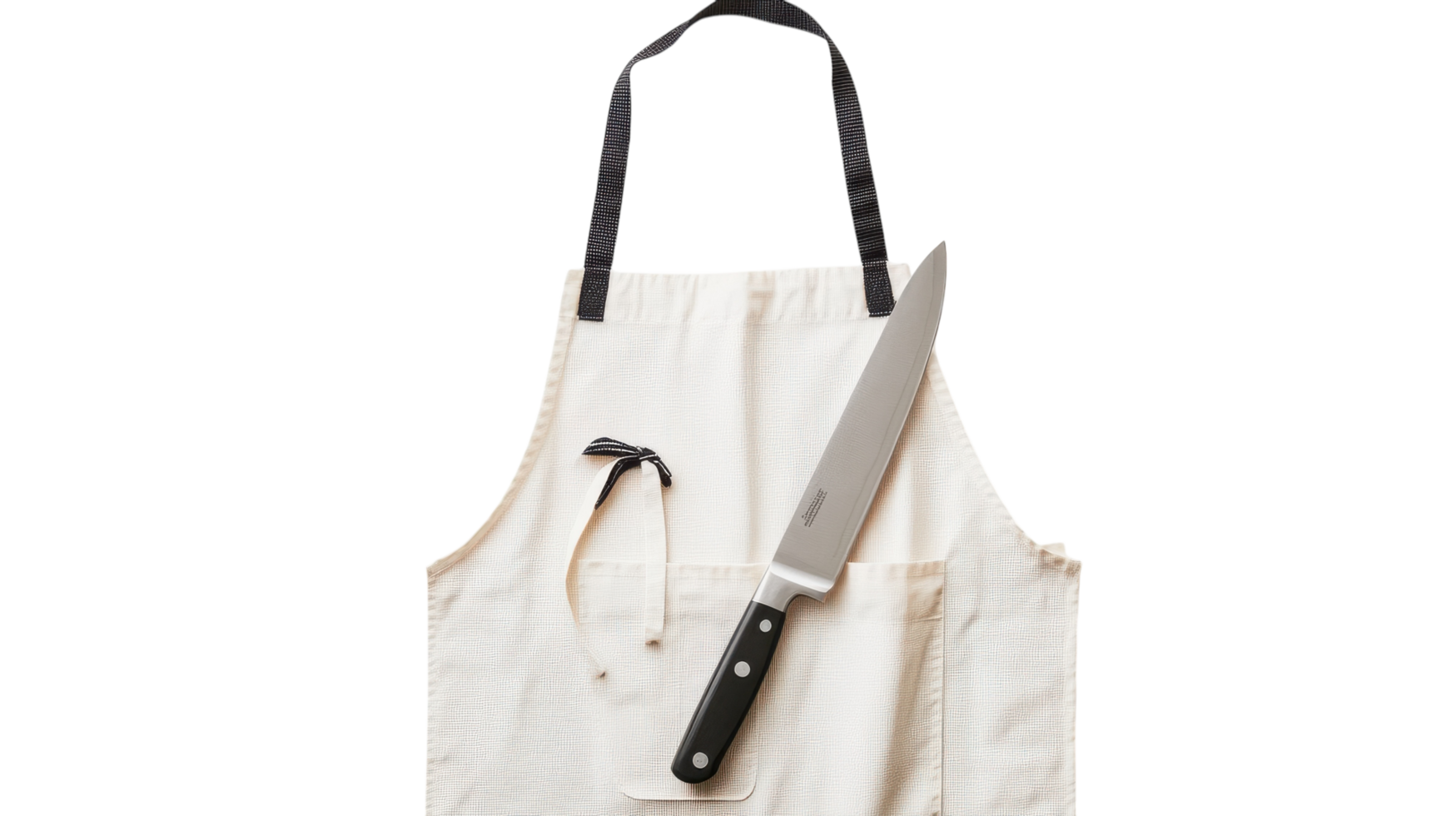 A Neatly Folded Chef's Apron Beside a Kitchen Knife - Perfect for Culinary Arts and Cooking Presentation. png