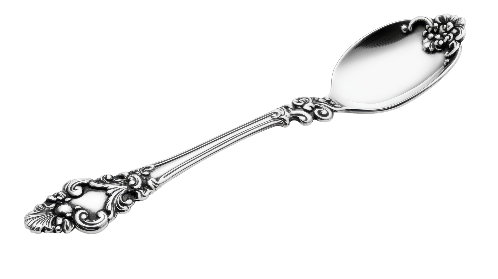 A Classic Silver Teaspoon Featuring Intricate Handle Design Suitable for Elegant Dining and Collecting. png