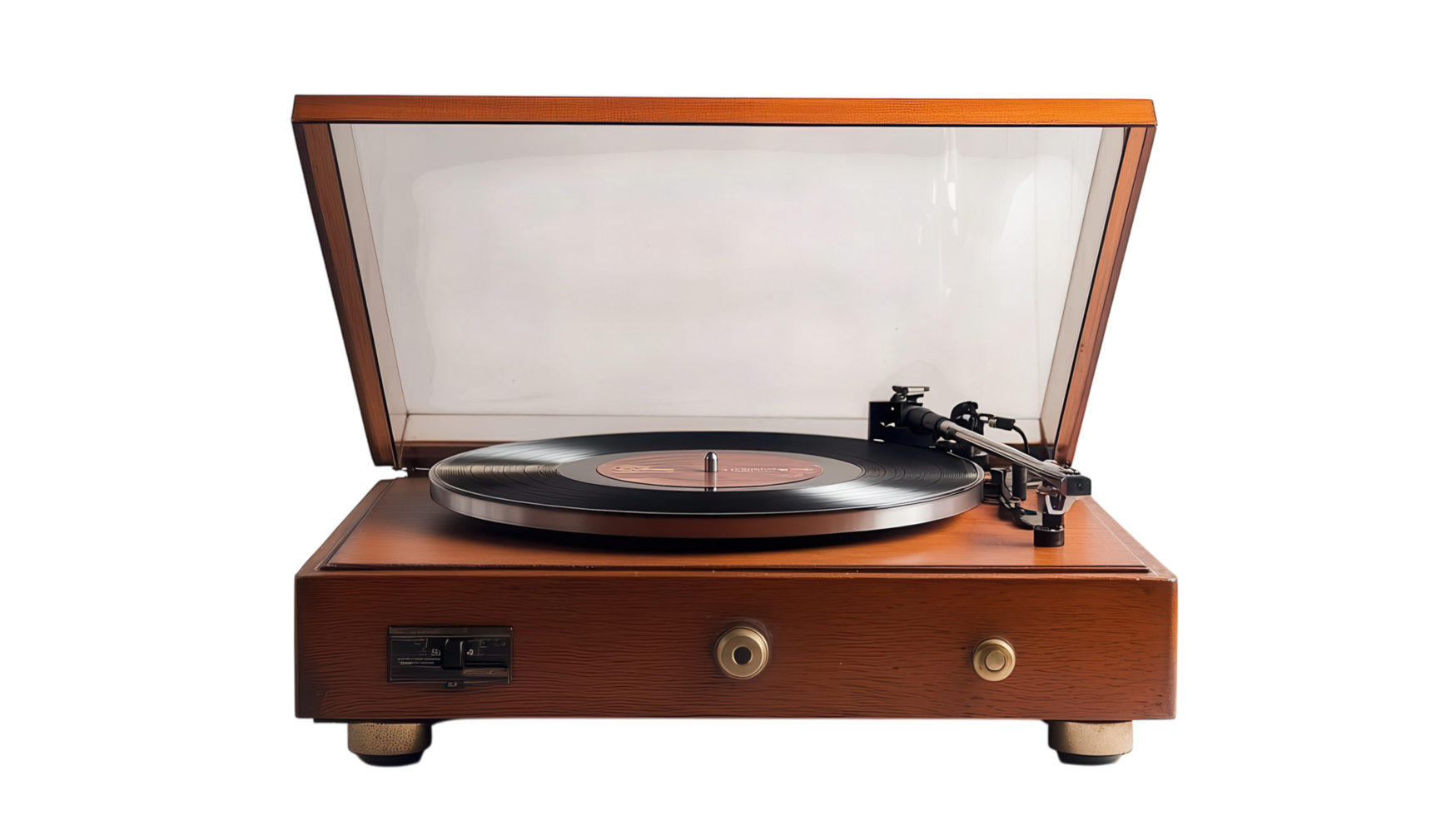Classic Vinyl Record Player Emitting Nostalgic Vibes Perfect for Music Lovers and Retro Enthusiasts with a Spinning Record. png