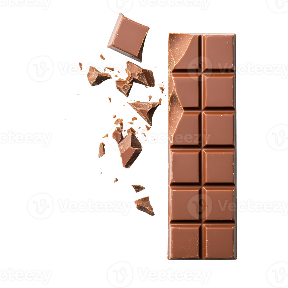 A delicious chocolate bar with pieces broken off, showcasing its rich texture. png