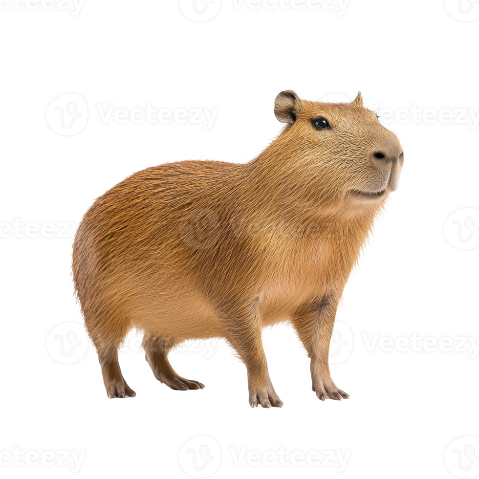 A cute capybara standing on its hind legs, showcasing its unique features in sunlight. png