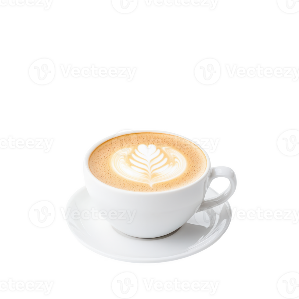 A beautifully crafted latte with intricate latte art in a white cup. png