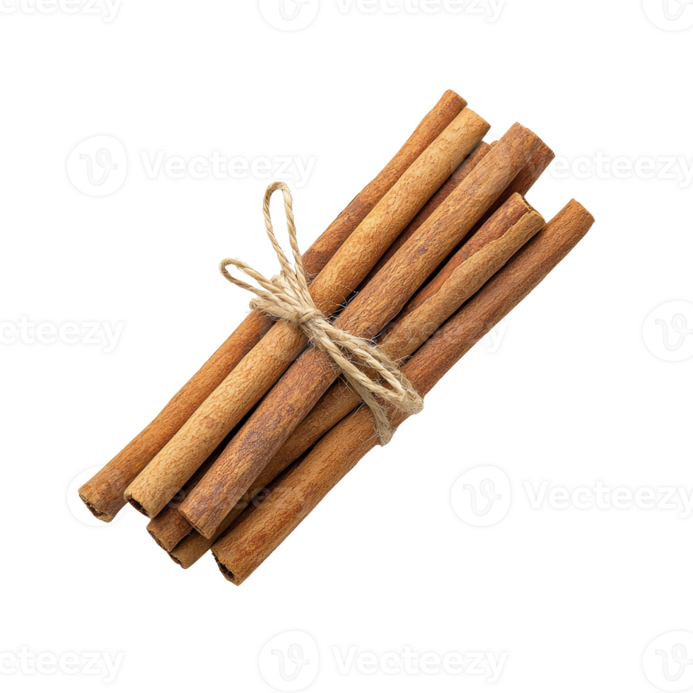 A bundle of cinnamon sticks tied with twine on a transparent background. png
