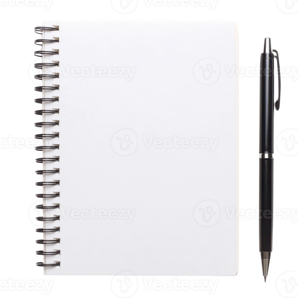 A blank spiral notebook and a pen, perfect for jotting down thoughts and ideas. png