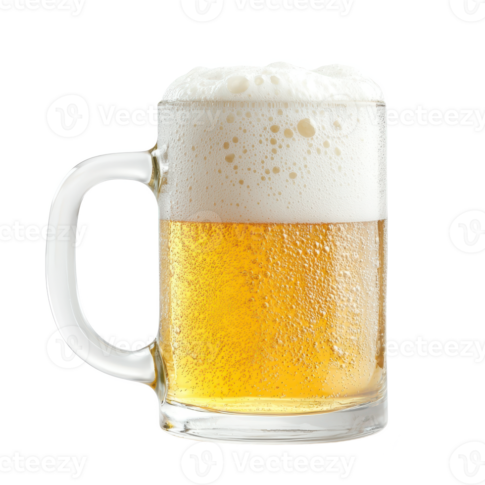 A refreshing glass of golden beer with frothy foam on top. png