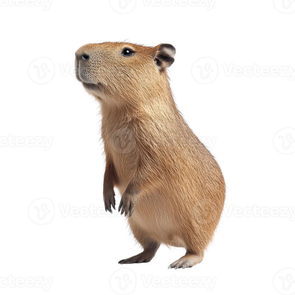 A cute capybara standing upright with a curious expression, showcasing its unique features. png