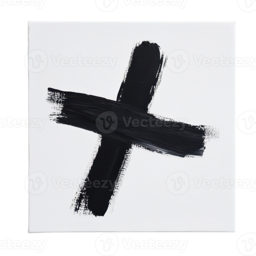 Abstract black cross painted on a white canvas, symbolizing contrast and creativity. png