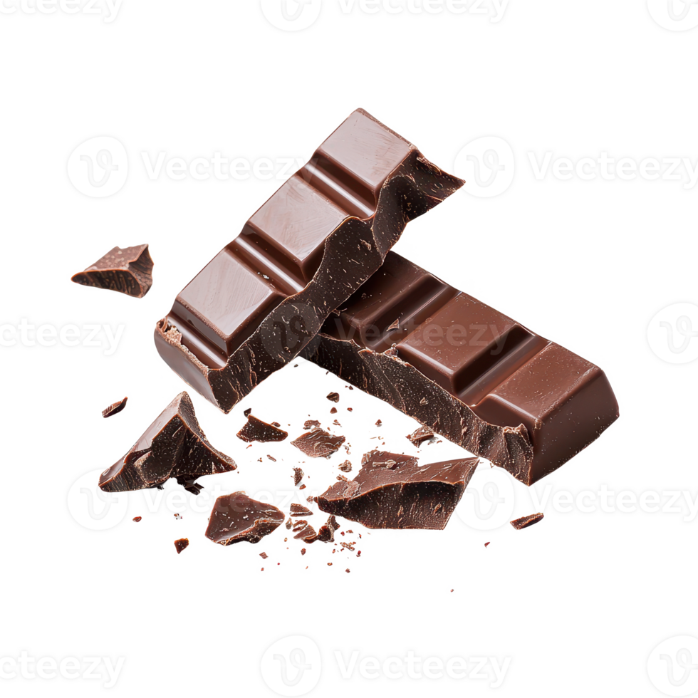 Delicious dark chocolate bars with broken pieces scattered around them. png