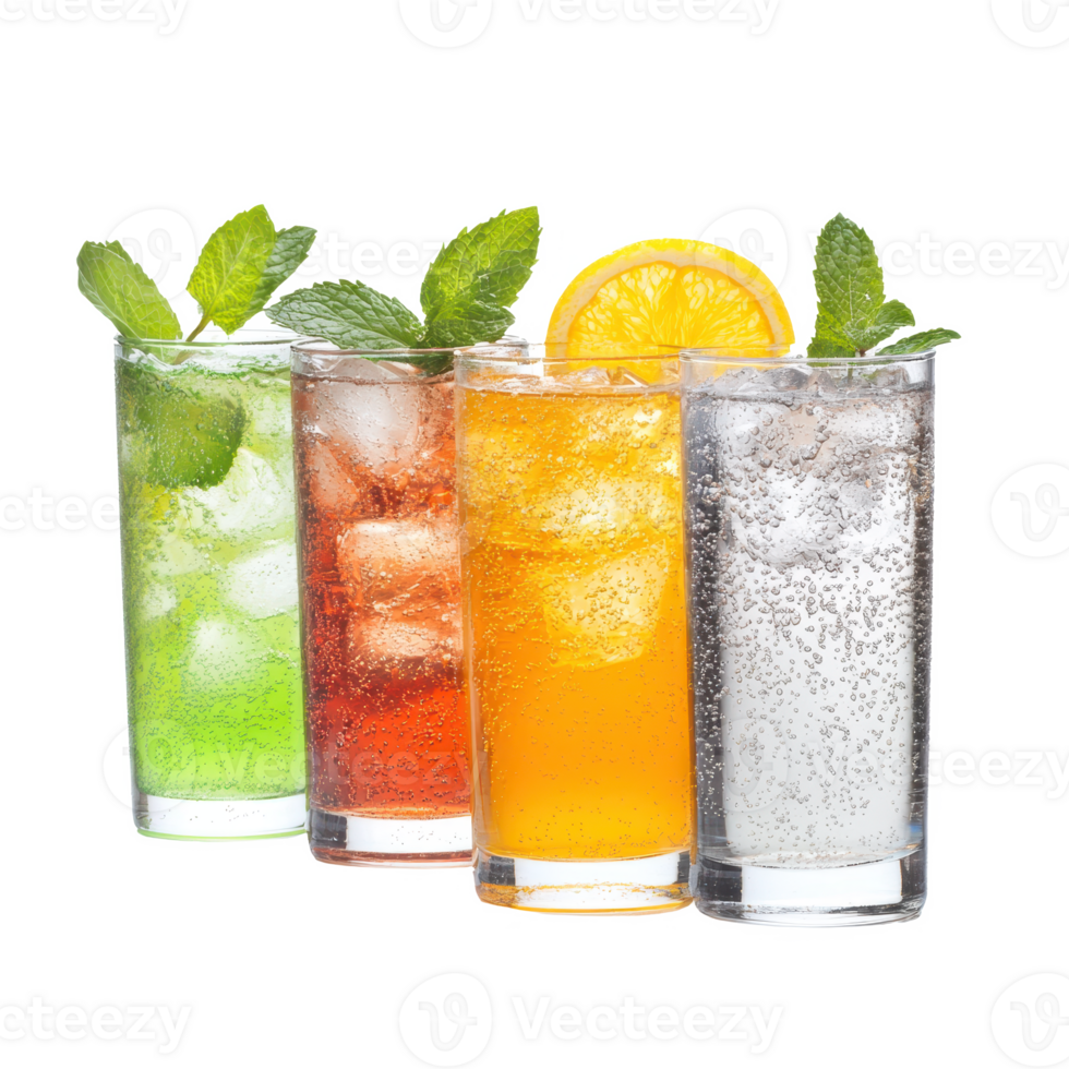 Refreshing colorful drinks with ice and mint, perfect for summer enjoyment. png