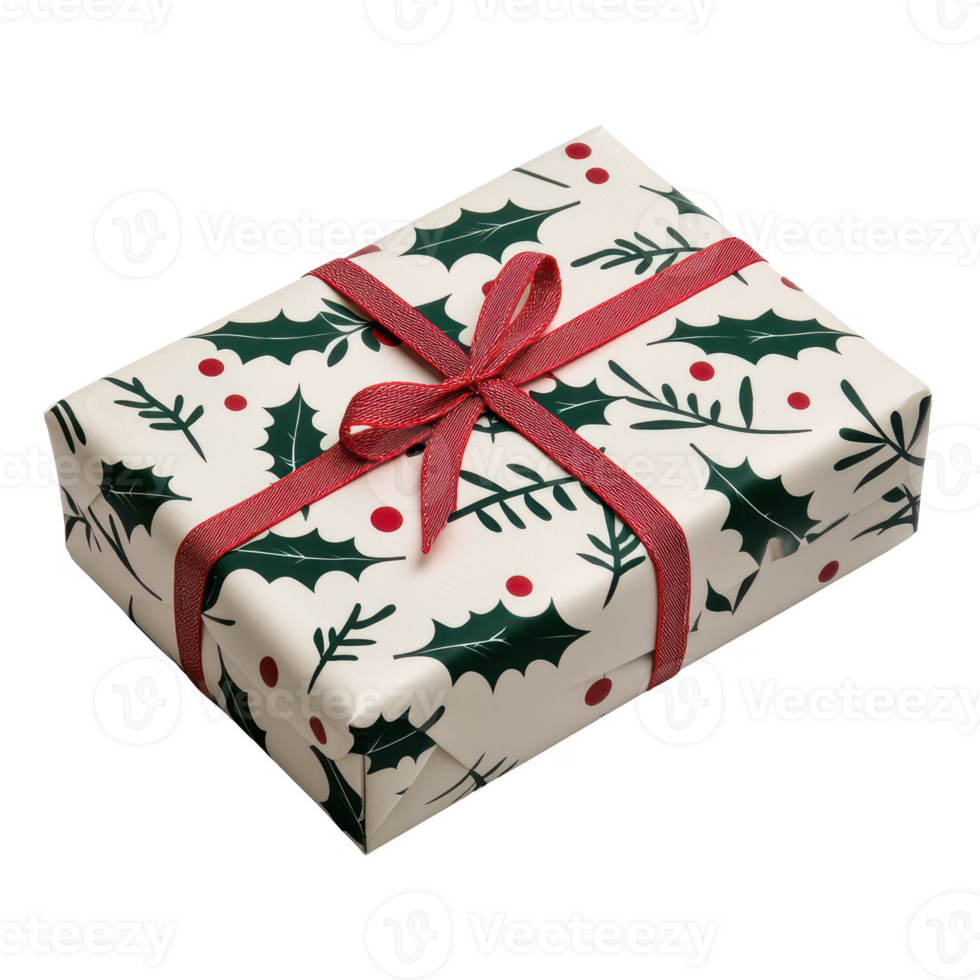 Festively wrapped holiday gift box with a red ribbon and holly design. png