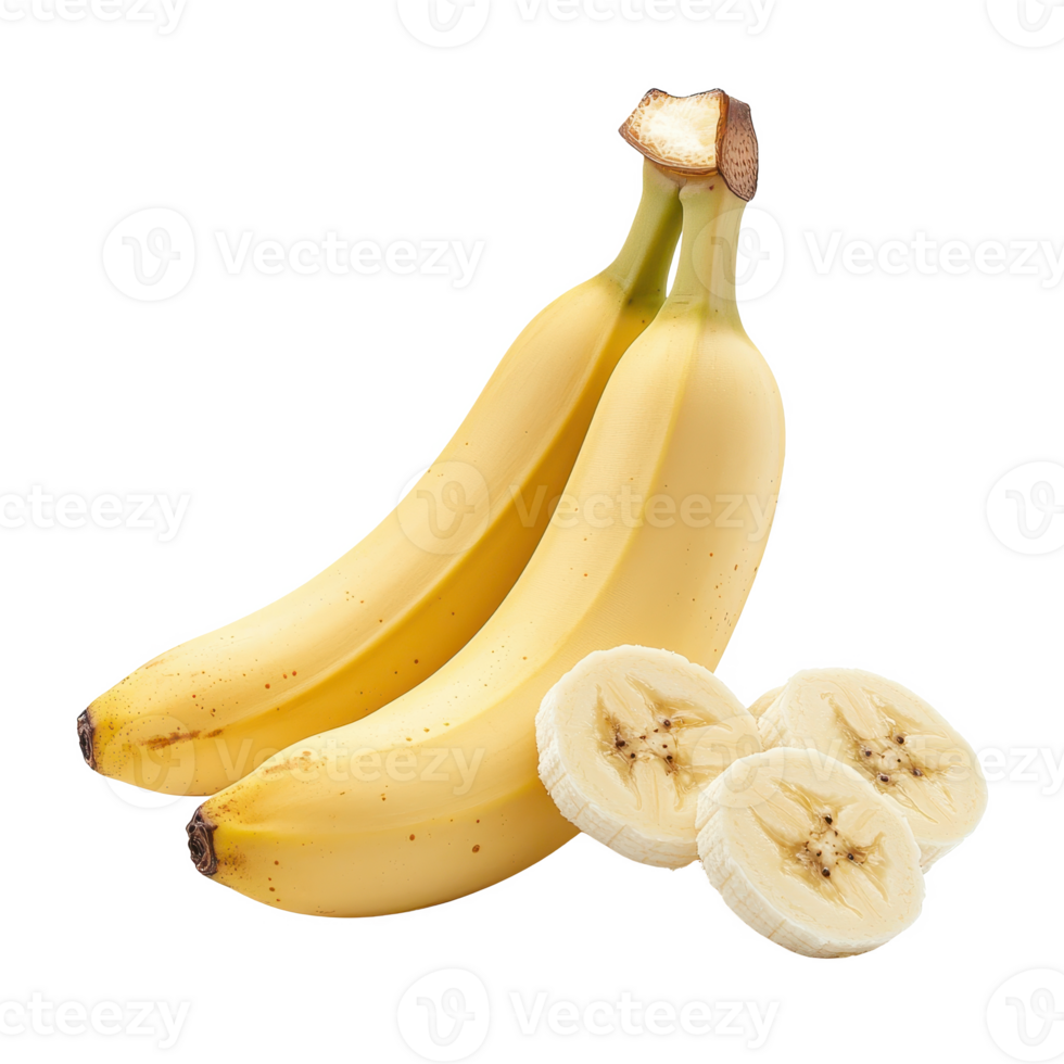 Fresh bananas with slices on a white background, perfect for healthy recipes and snacks. png