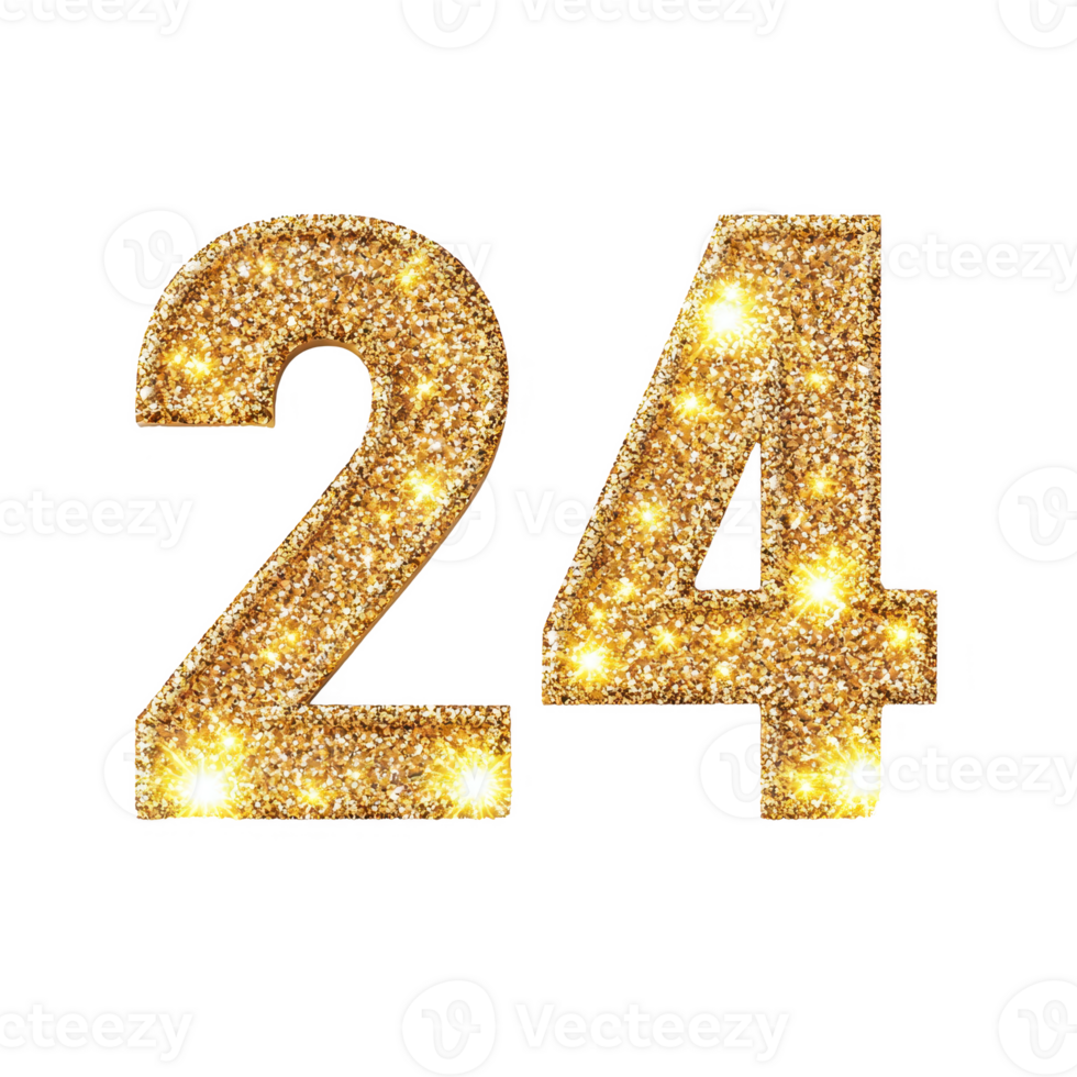 Shimmering golden number 24 with sparkling effects, ideal for celebrations and events. png
